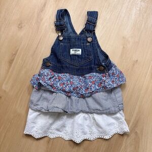 OSHKOSH B'GOSH Baby Girl Denim Overall Romper Dress Skirt | Size 24 Month Floral